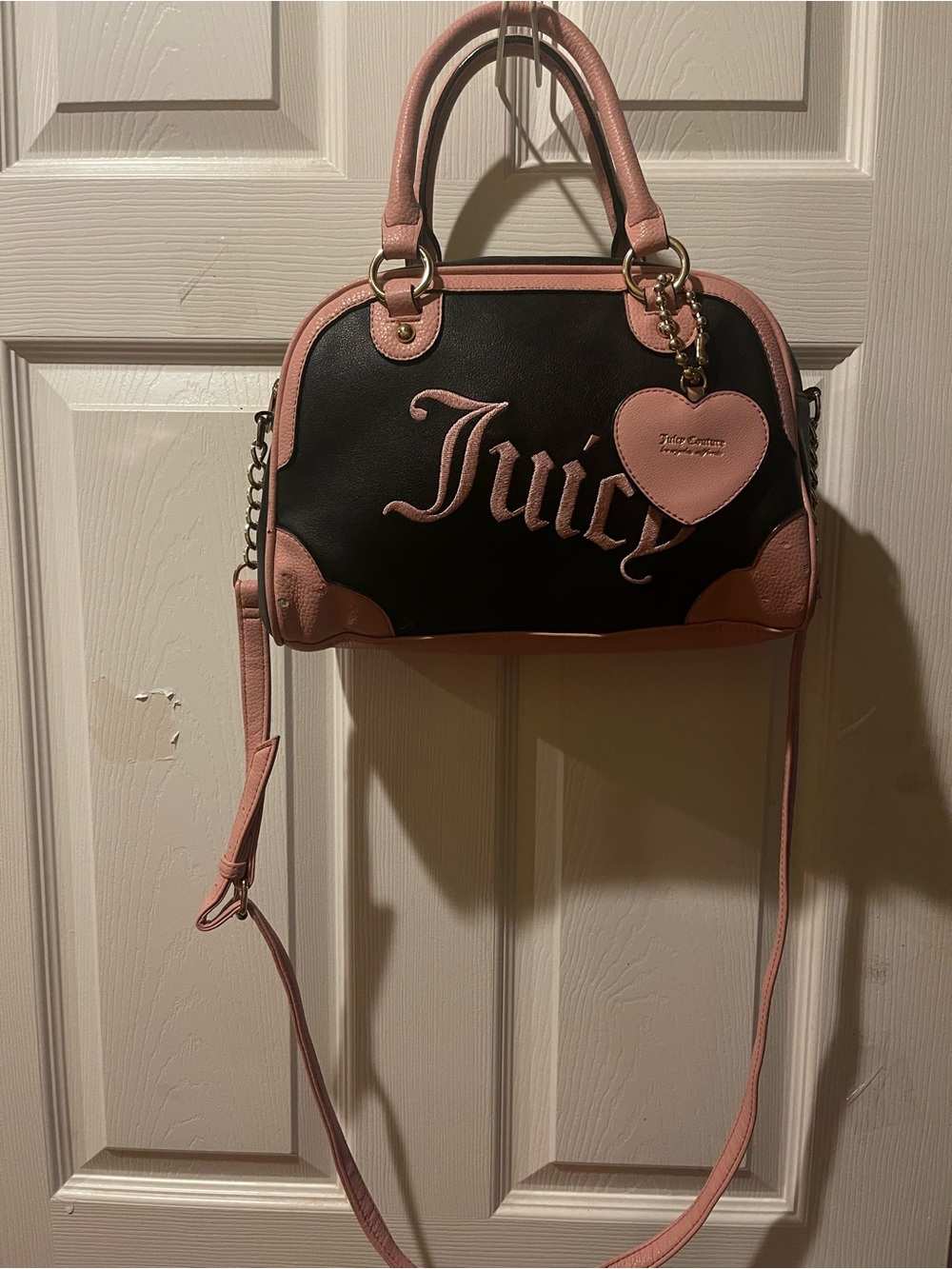 Juicy Couture Black & Pink Logo Bowler bag with Heart Charm & pink embroidered